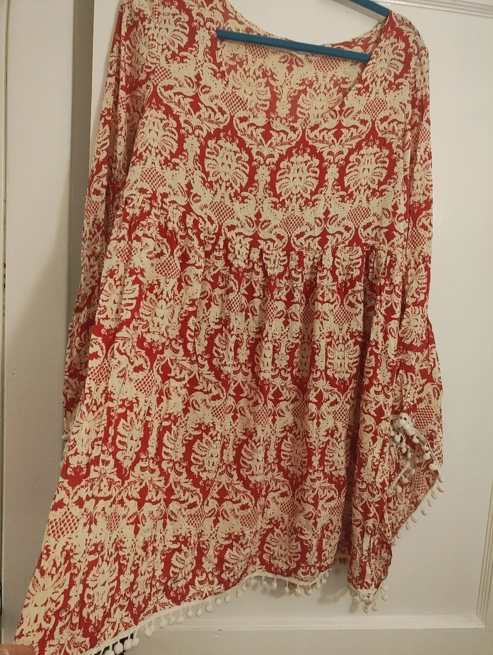 Velzera Womens S Boho Tunic Top Red Cream Bell Sleeve Pom Pom Trim